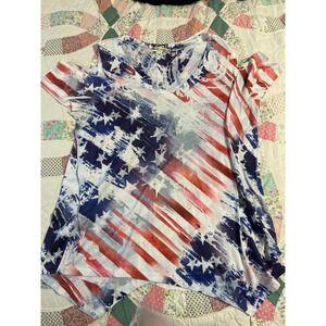 World Unity Womens XL Americana Flag Cold Shoulder Rhinestone Top Red White